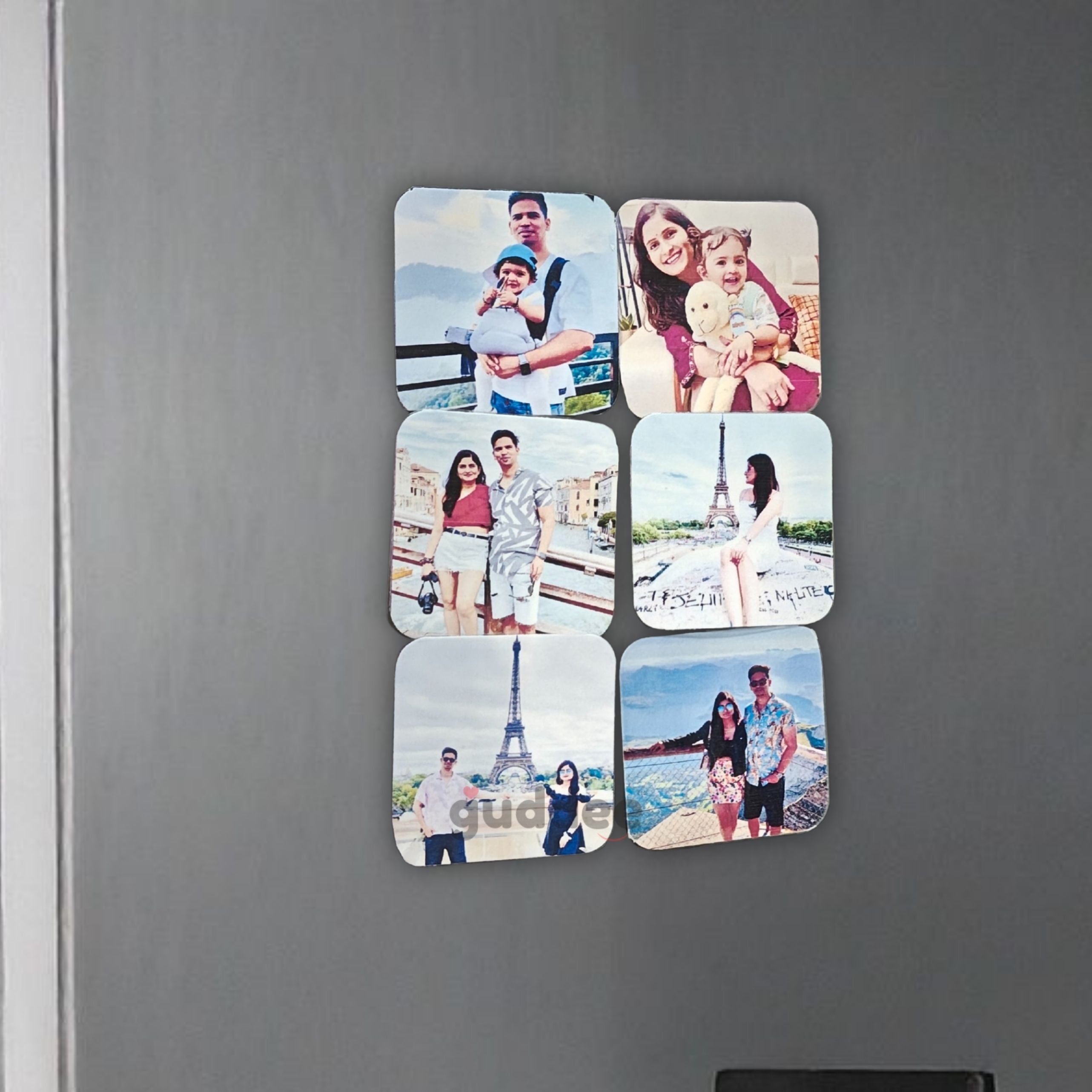 Close-up of the glossy finish and thick magnetic backing on a custom square picture magnet by Guddee.