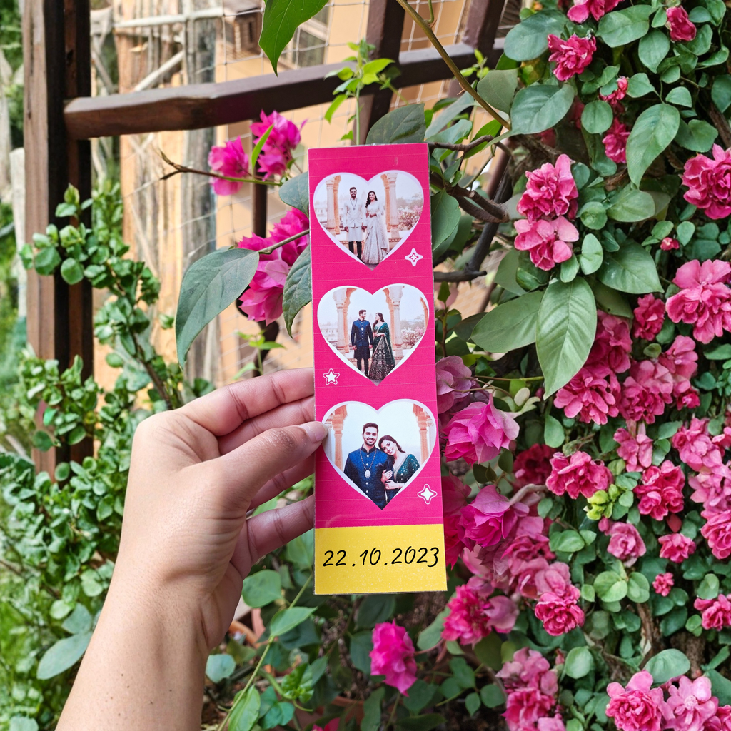 Personalised heart shaped bookmark with 3 custom photos and text by Guddee, a unique gift for book lovers.