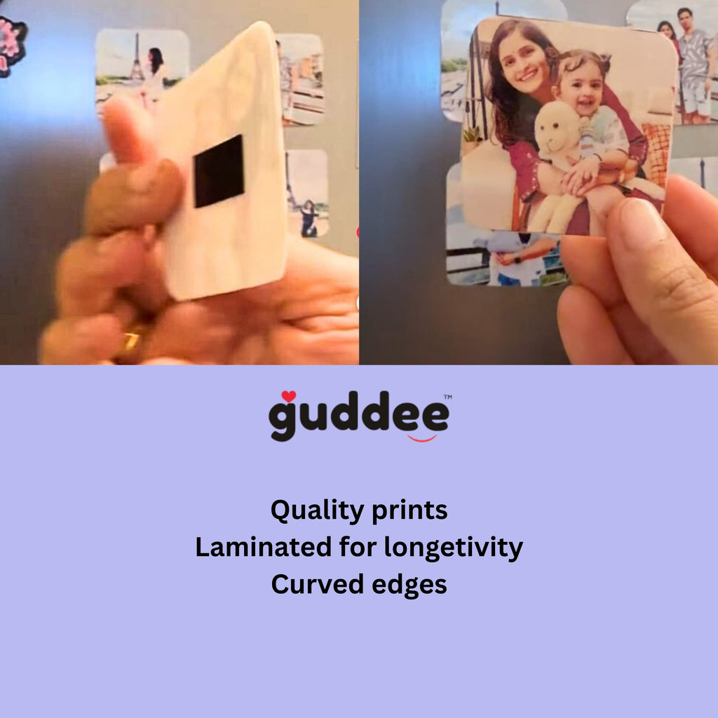 Photo personalised square fridge magnets displaying family pictures on a clean refrigerator door.
