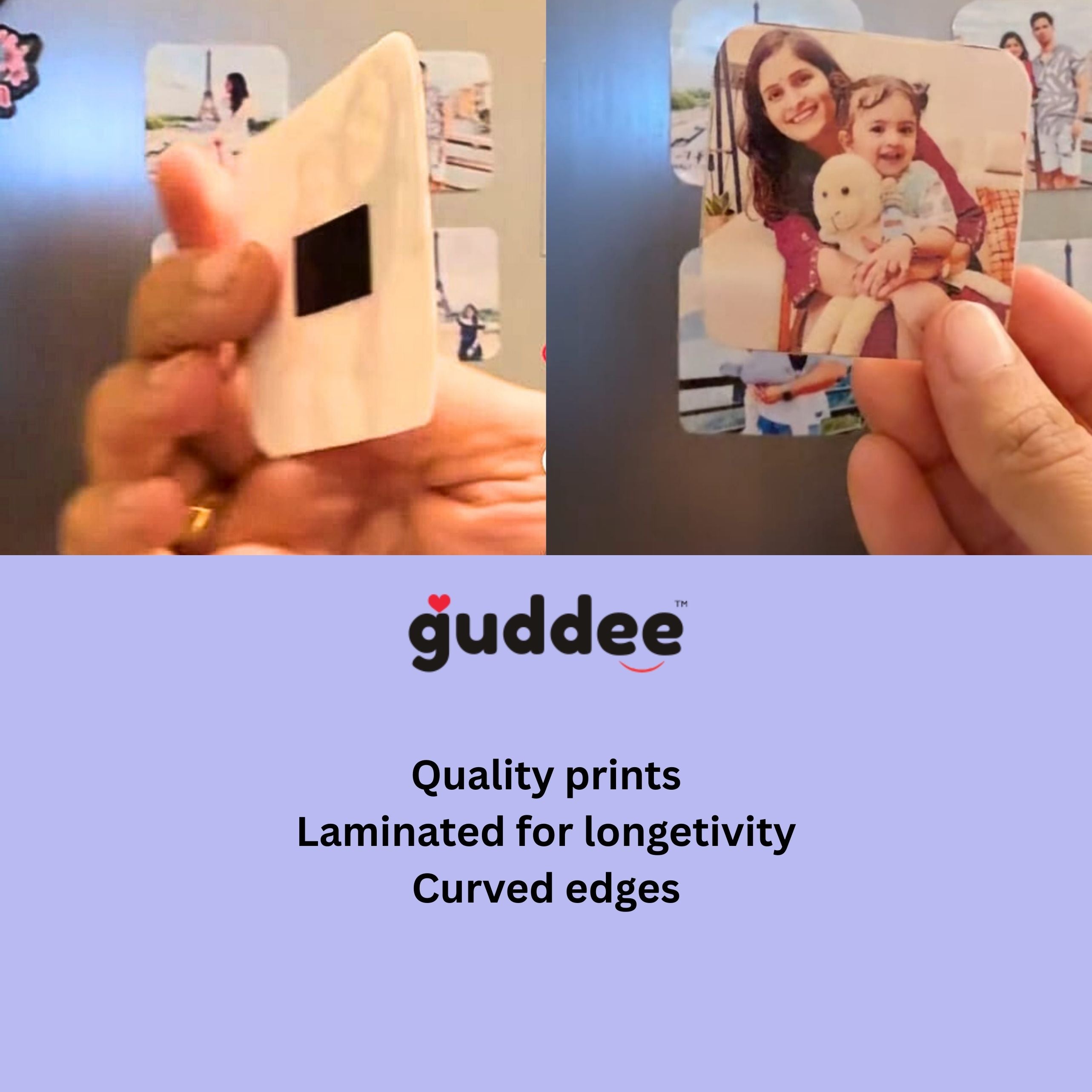 Photo personalised square fridge magnets displaying family pictures on a clean refrigerator door.