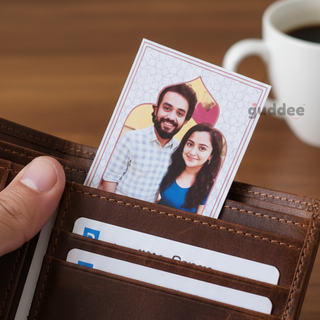 A person putting the custom Mahal Love personalized wallet card token inside a leather wallet as a sentimental keepsake.
