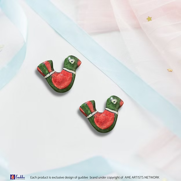Couple bird fridge magnet red green showcasing the hand-painted folk art patterns and details by Guddee.