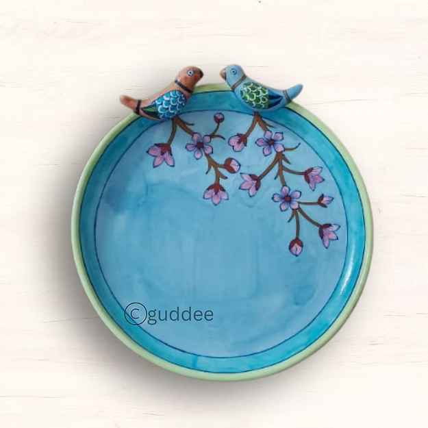 2 Bird cherry blossom blue pottery Wall Plate