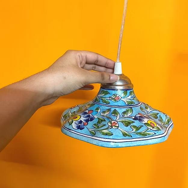Teal handcrafted Jaipur blue pottery ceiling lamp hanging fixture featuring traditional hand-painted artwork.