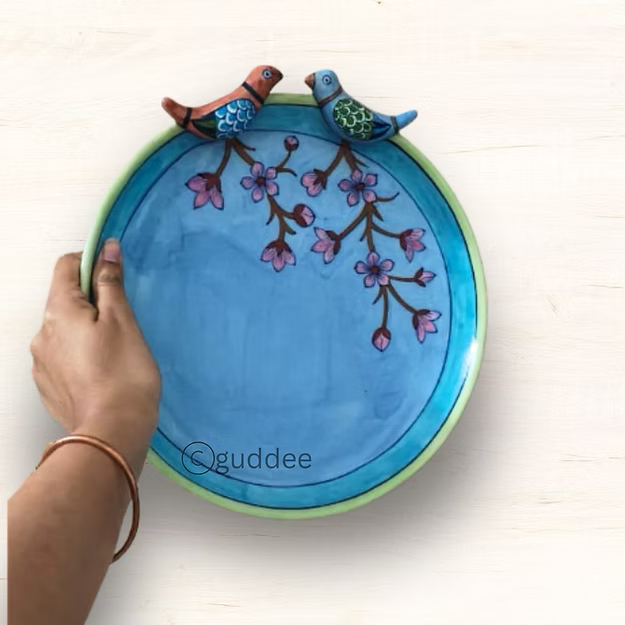 2 Bird cherry blossom blue pottery Wall Plate