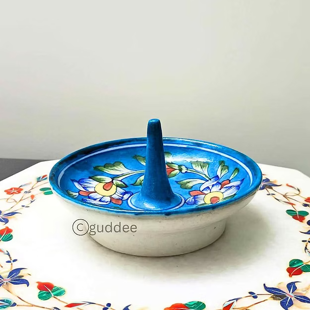 Light Blue Blue pottery jewelry ring holder