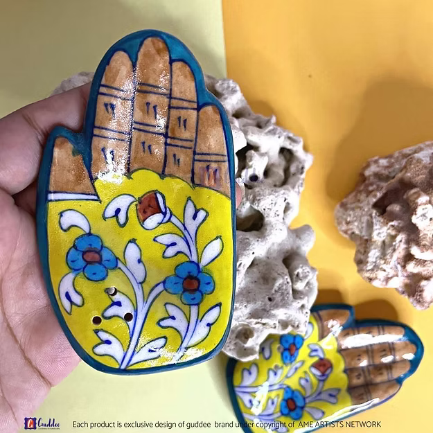 Yellow Handcrafted Blue Pottery Agarbatti Incense stick holder