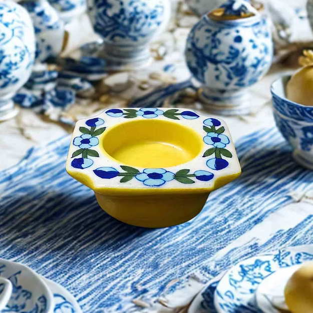 Yellow Handcrafted blue pottery Floral Mini Tea light holder