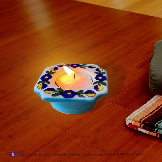 Light Blue Handcrafted blue pottery Floral Mini Tea light holder