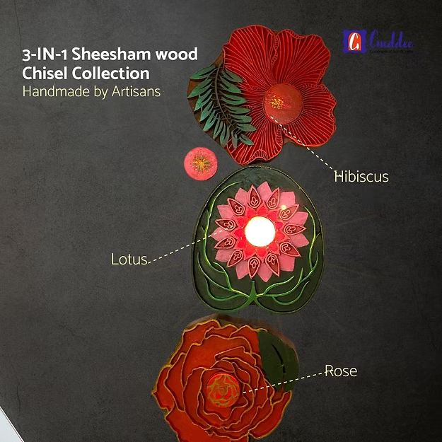 Close-up of the rich natural sheesham wood grain and intricate rose silhouette cutouts on Guddee's candle stand.