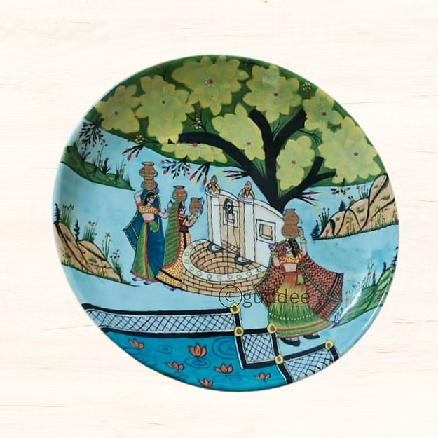 Village life hand painted blue pottery Wall Plate
