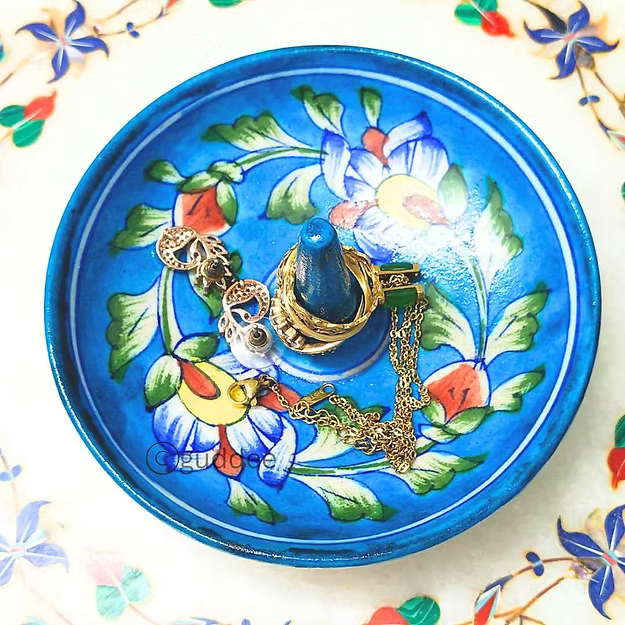 Light Blue Blue pottery jewelry ring holder