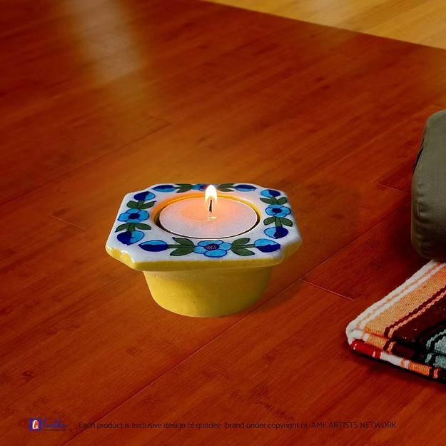 Yellow Handcrafted blue pottery Floral Mini Tea light holder