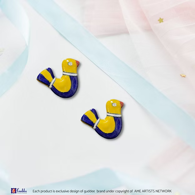 Yellow Blue Couple bird traditional fridge magnet showcasing the hand-painted folk art patterns and details by Guddee.