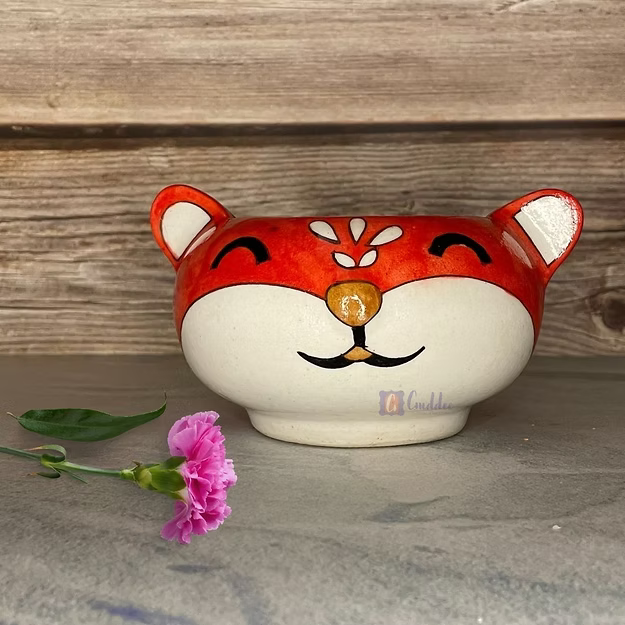 Red fox handcrafted Jaipur blue pottery animal pot featuring traditional hand-painted floral motifs