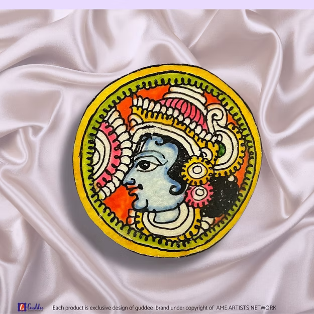 Synthetic leather brooch cum fridge magnet Krishna showing the traditional Tholu Bommalata paint artwork by Guddee.