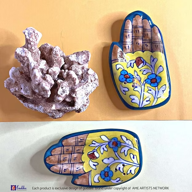 Yellow Handcrafted Blue Pottery Agarbatti Incense stick holder
