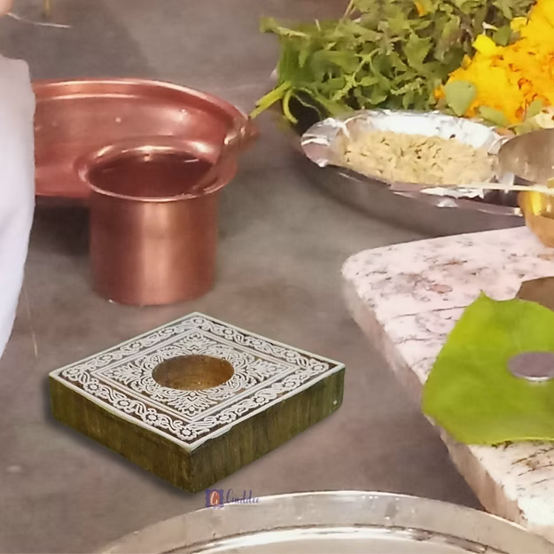 Square Mandala Sheesham wood tea light holder showing the detailed hand-carved geometric pattern and finish by Guddee.