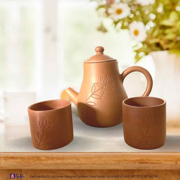 Set of Floral carved Terracotta Jar and 2 kullad