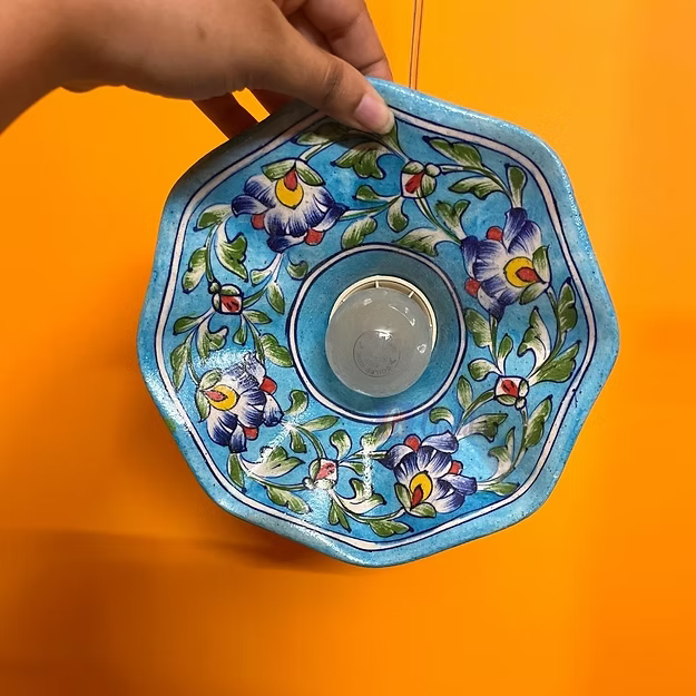 Teal handcrafted Jaipur blue pottery ceiling lamp hanging fixture featuring traditional hand-painted artwork.