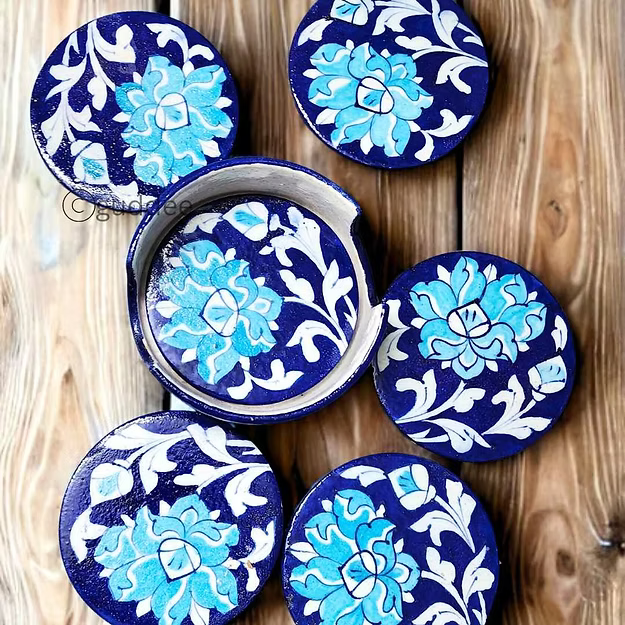 Blue pottery dark blue coaster set of 5 with holder showing the hand-painted traditional motifs by Guddee.