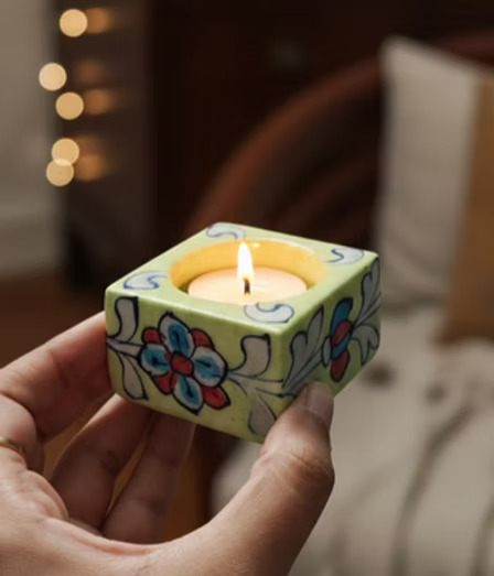 Pista Green color Square Floral design blue pottery tea light holder