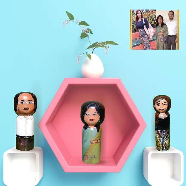 Set of 3 personalized wood dolls hand-painted to look like a mom, dad, and baby from a custom family photo