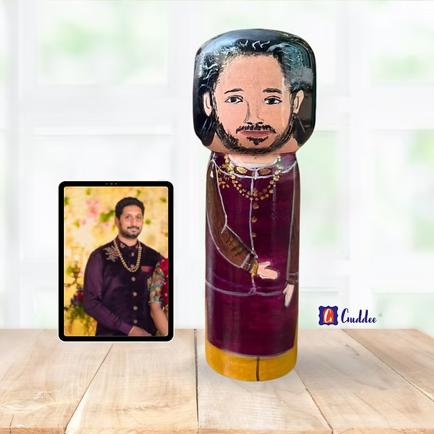 Large personalized young male caricature doll custom-crafted to look like a boyfriend or wedding groom