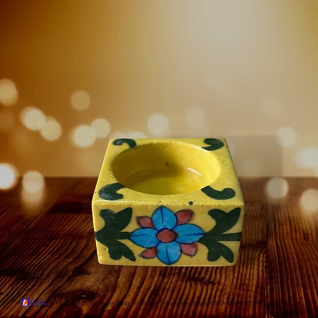 Yellow Square Floral design pottery tea light holder
