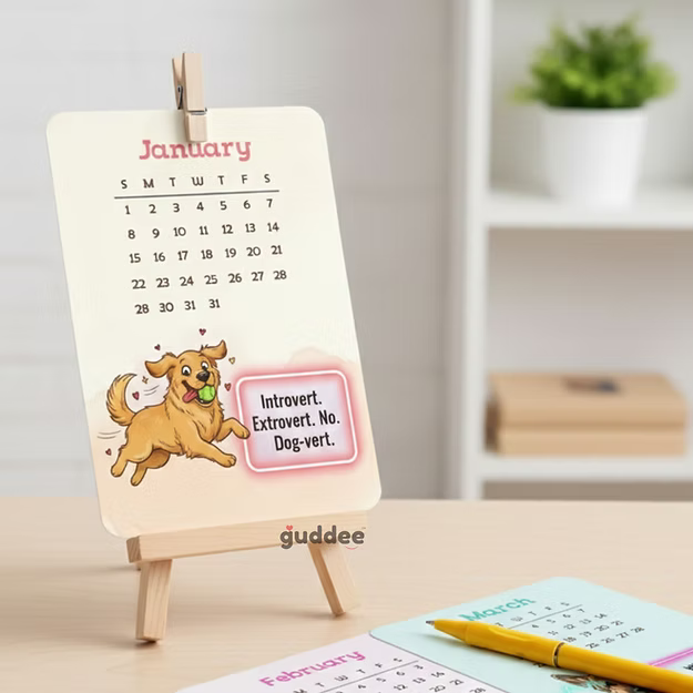 Dog Desk Calendar 2026 – Illustrated Monthly Quote Cards with Quirky Neon-Sign