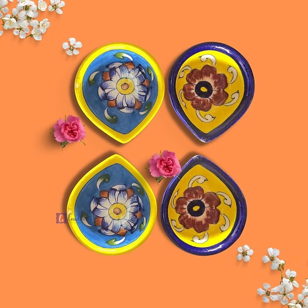Set of 4 mix colours floral blue pottery diya lamps hand-painted in traditional vibrant colors by Guddee.
