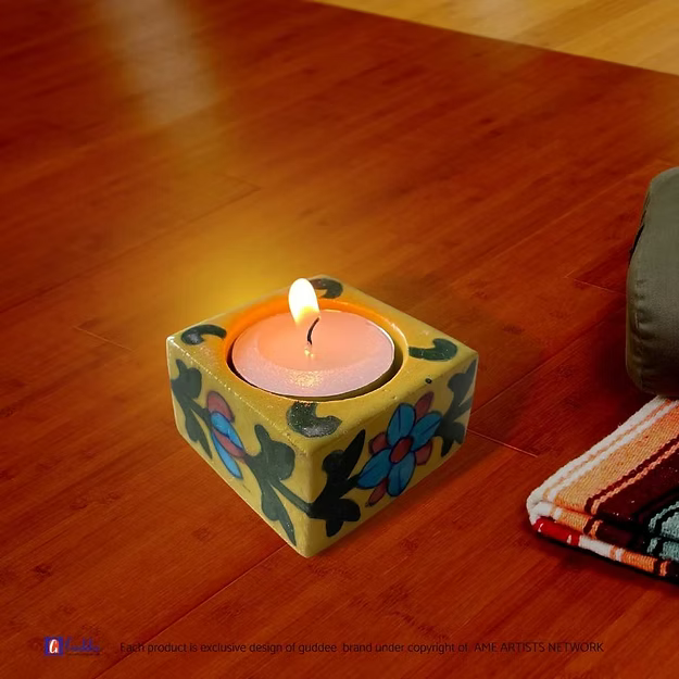 Yellow Square Floral design pottery tea light holder