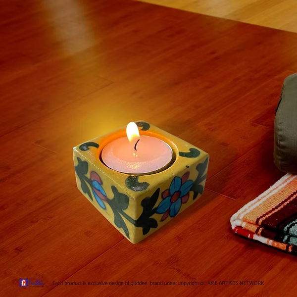 Yellow Square Floral design pottery tea light holder