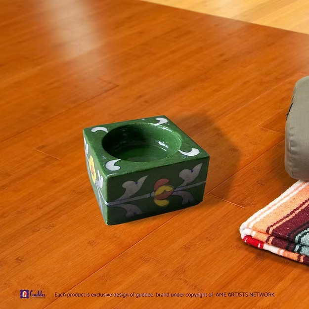 Dark green square floral design blue pottery tea light holder featuring traditional hand-painted artisan motifs by Guddee