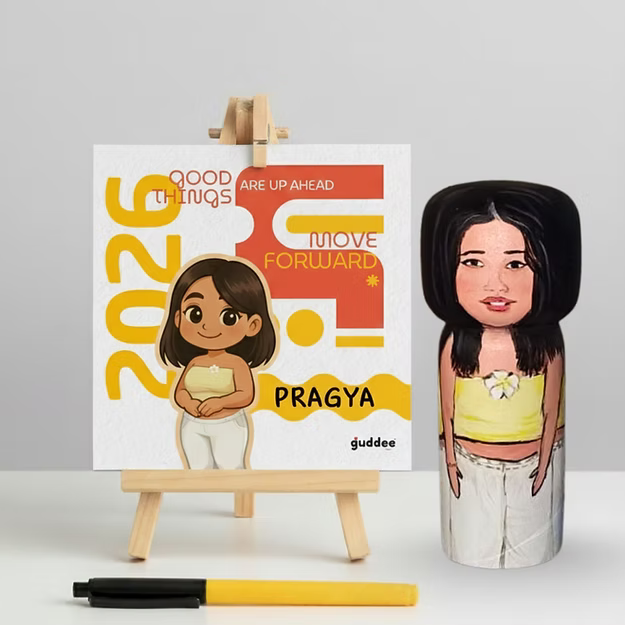 Mindful manifestation Name caricature desk calendar + personalised doll