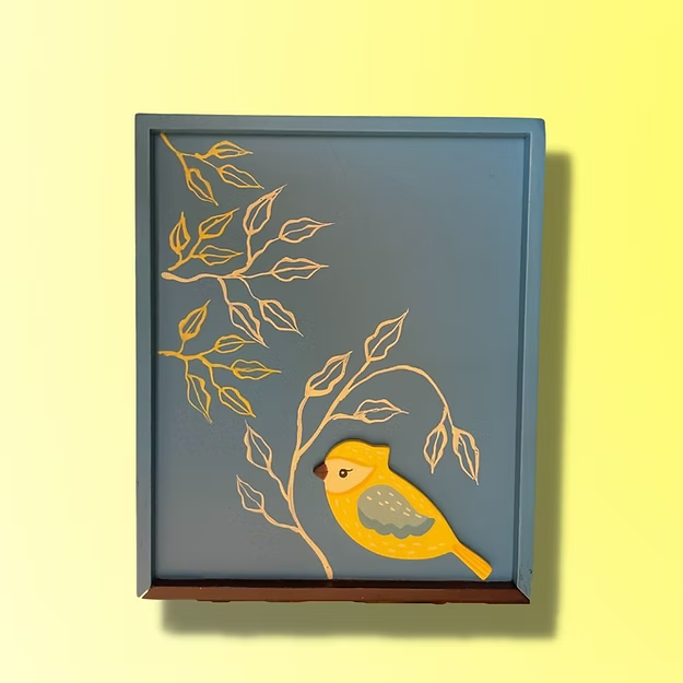 Slider birdie storage box showcasing an expansive hand-painted traditional folk bird motif on the lid by Guddee.