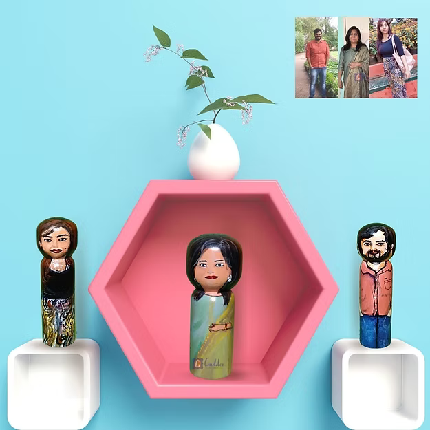 Set of 3 personalized wood dolls hand-painted to look like a mom, dad, and baby from a custom family photo