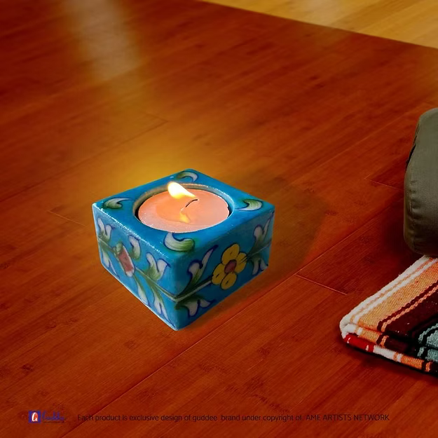 Light blue Square Floral design pottery tea light holder