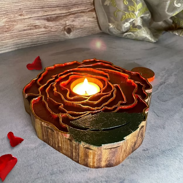 Rose sheesham wood wall candle sconce by Guddee featuring elegant hand-carved floral tea light accents.