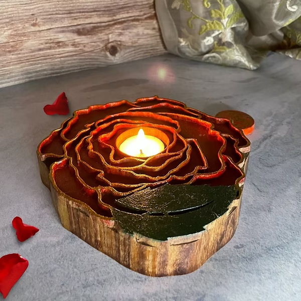 Rose sheesham wood wall candle sconce by Guddee featuring elegant hand-carved floral tea light accents.
