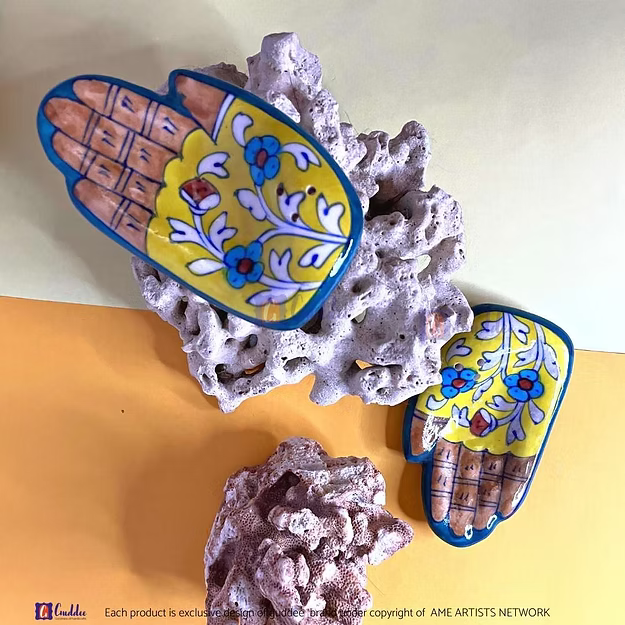 Yellow Handcrafted Blue Pottery Agarbatti Incense stick holder