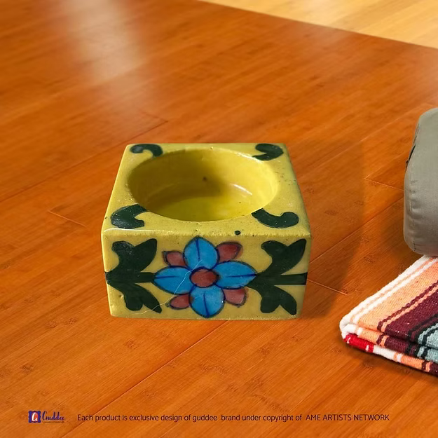 Yellow Square Floral design pottery tea light holder