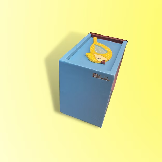 Mini slider birdie storage box featuring an exquisite hand-detailed artisan bird motif on the lid surface by Guddee.