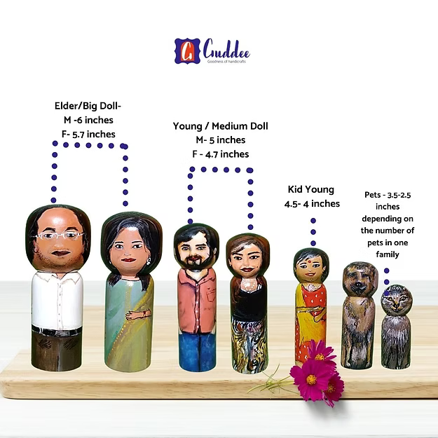 A custom 4-pack personalized wooden family doll set displayed beautifully as minimalist entryway home decor.