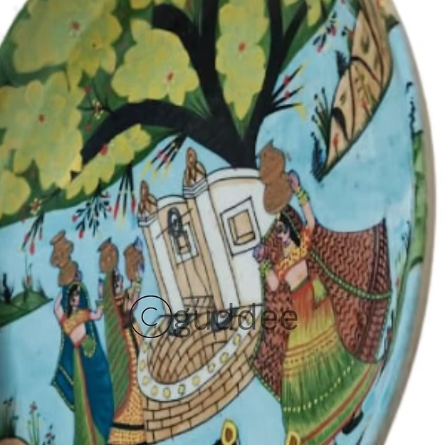 Village life hand painted blue pottery Wall Plate