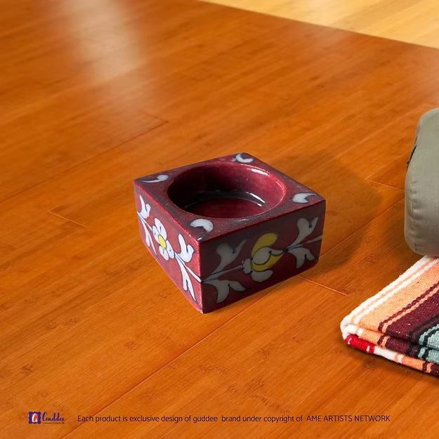 Maroon Square Floral design pottery tea light holder