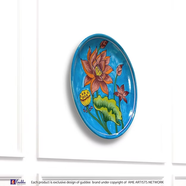 Blue Lotus Blossom decorative wall plate showing the vibrant hand-painted cobalt and turquoise flower patterns by Guddee.