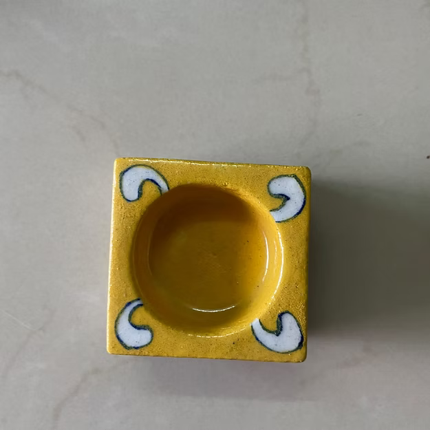 Mango yellow color Square Floral design blue pottery tea light holder