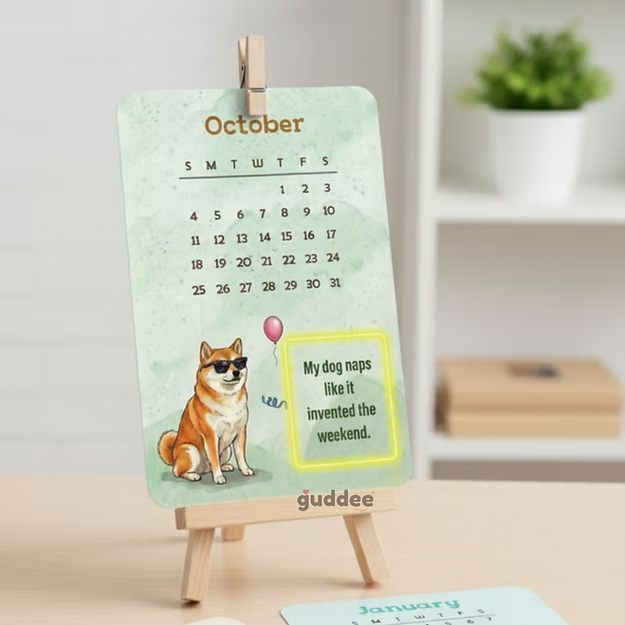 Dog Desk Calendar 2026 – Illustrated Monthly Quote Cards with Quirky Neon-Sign