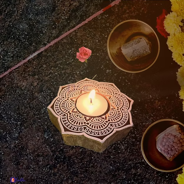 A lit rosewood mandala tea light holder sitting as a warm decorative centerpiece table runner accent on a wooden table.